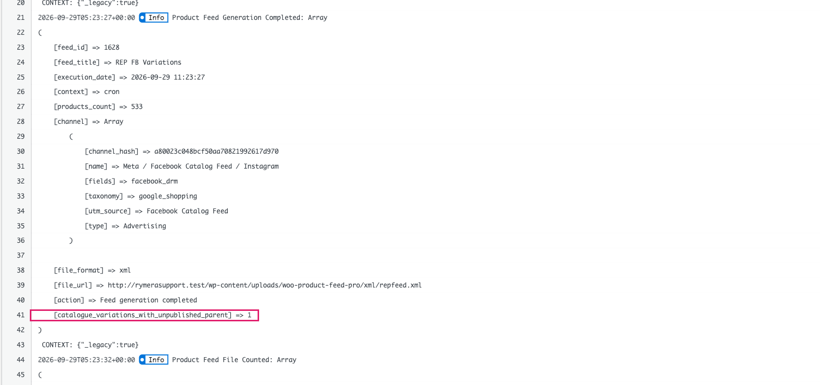 pomoc-mam-zero-lub-mniej-produktow-w-moim-kanale-produktow-niz-oczekiwano-01-log-final - AdTribes Wpis WooCommerce Status > Logi dla zakończonej generacji kanału informacyjnego, pokazujący nowe pole catalogue_variations_with_unpublished_parent raportujące 1 osierocony wariant