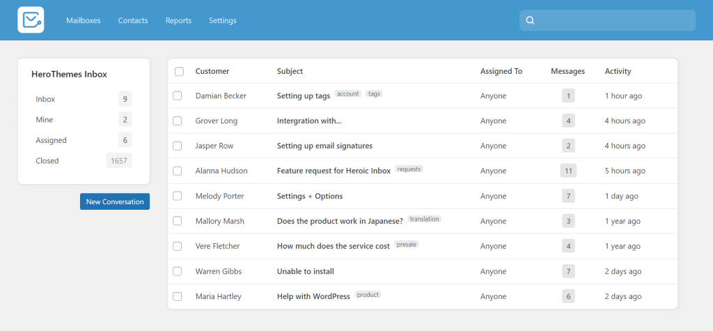 A Heroic Inbox screencap showing a shared inbox in WordPress
