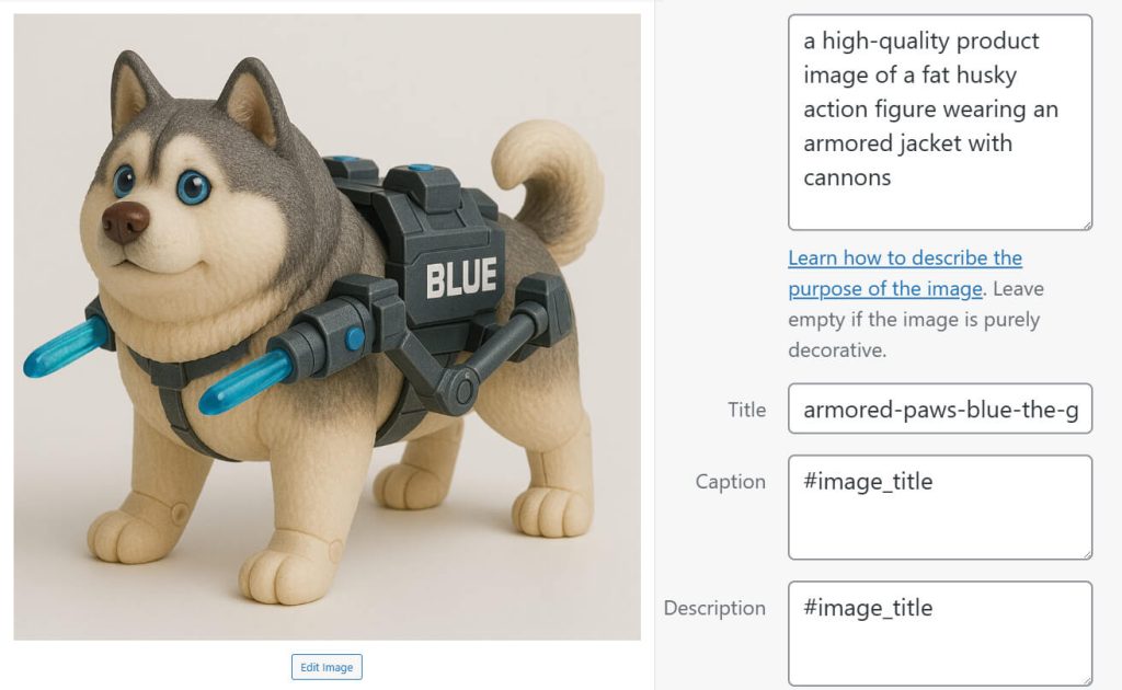 high-quality-product-images-alt-text-seo - AdTribes an image of a fat husky action figure wearing an armored jacket with cannons, and the image's alt text displayed on the right side