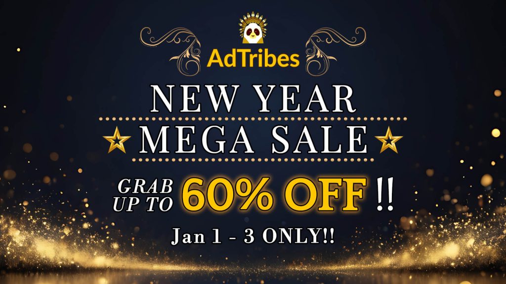 A New Year mega sale announcement, with the sale offering up to 60% off from Jan 1 to 3