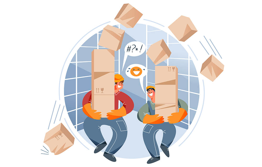 how-to-reduce-customer-returns - AdTribes Two workers chatting and carrying towers of boxes, some of them falling