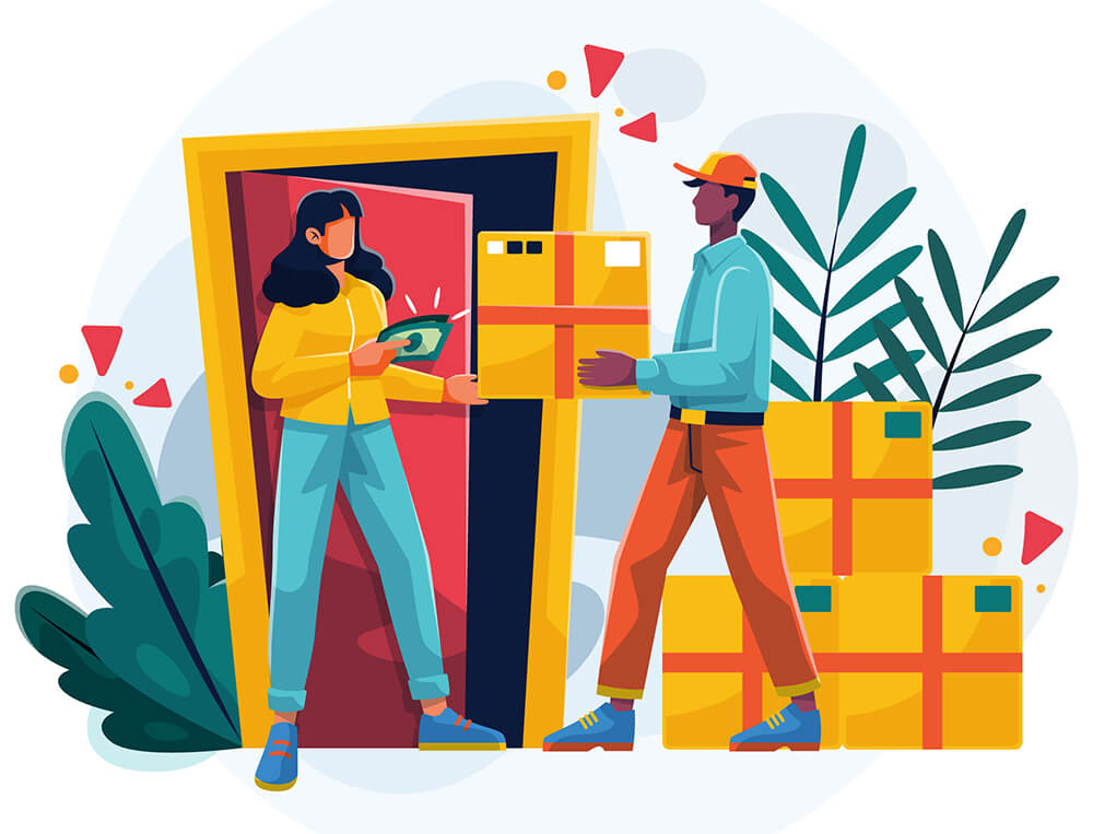 how-to-reduce-product-returns - AdTribes A man giving boxes to a woman, who is handing him money