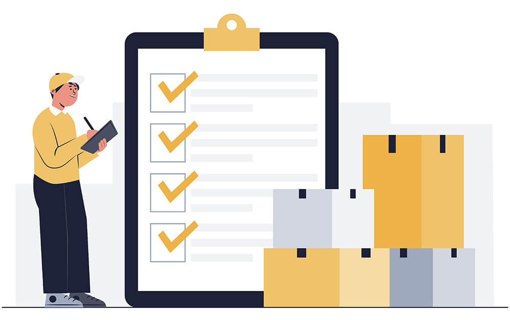 how-to-reduce-returns-return-policy - AdTribes A man is writing on a clipboard next to a giant list and four large boxes