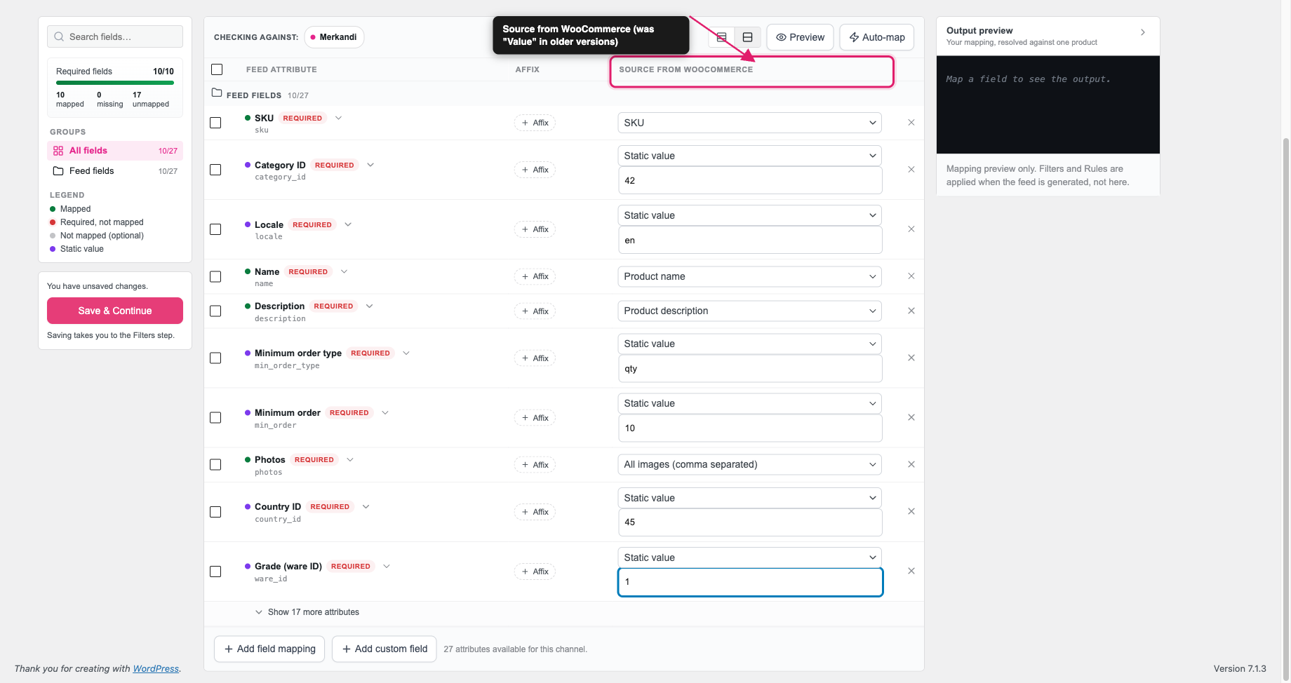 come-impostare-un-feed-di-prodotti-merkandi-01-merkandi-field-mapping-final - AdTribes Scheda Mappatura campi su un feed Merkandi con tutti i 10 attributi richiesti mappati, che mostra le colonne Attributo feed, Suffisso e Origine da WooCommerce