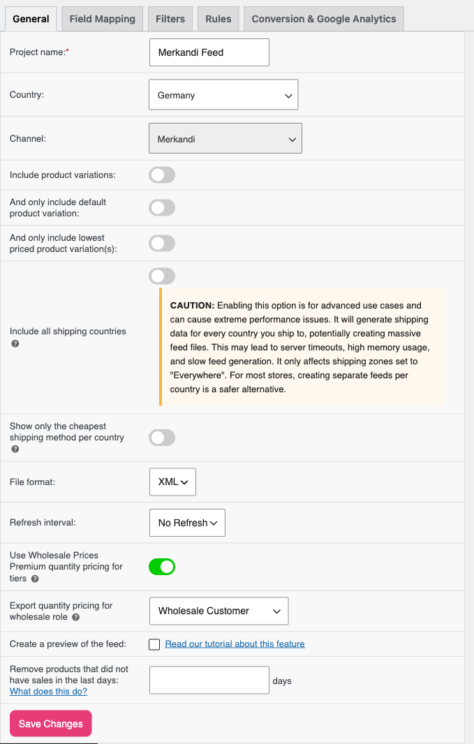 come-impostare-un-feed-di-prodotti-merkandi-01-merkandi-wwpp-general-tab-draft3 - AdTribes Scheda Generale di un feed Merkandi con Utilizza i prezzi all'ingrosso Premium per i livelli attivati e Cliente all'ingrosso selezionato nel menu a discesa Esporta prezzi per ruolo all'ingrosso