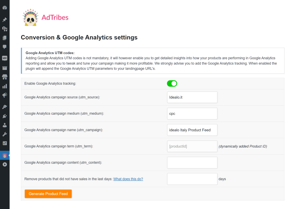 The idealo Germany product feed settings, specifically the Google Analytics tracking settings, showing various utm parameters and the toggle for enabling and disabling Google Analytics