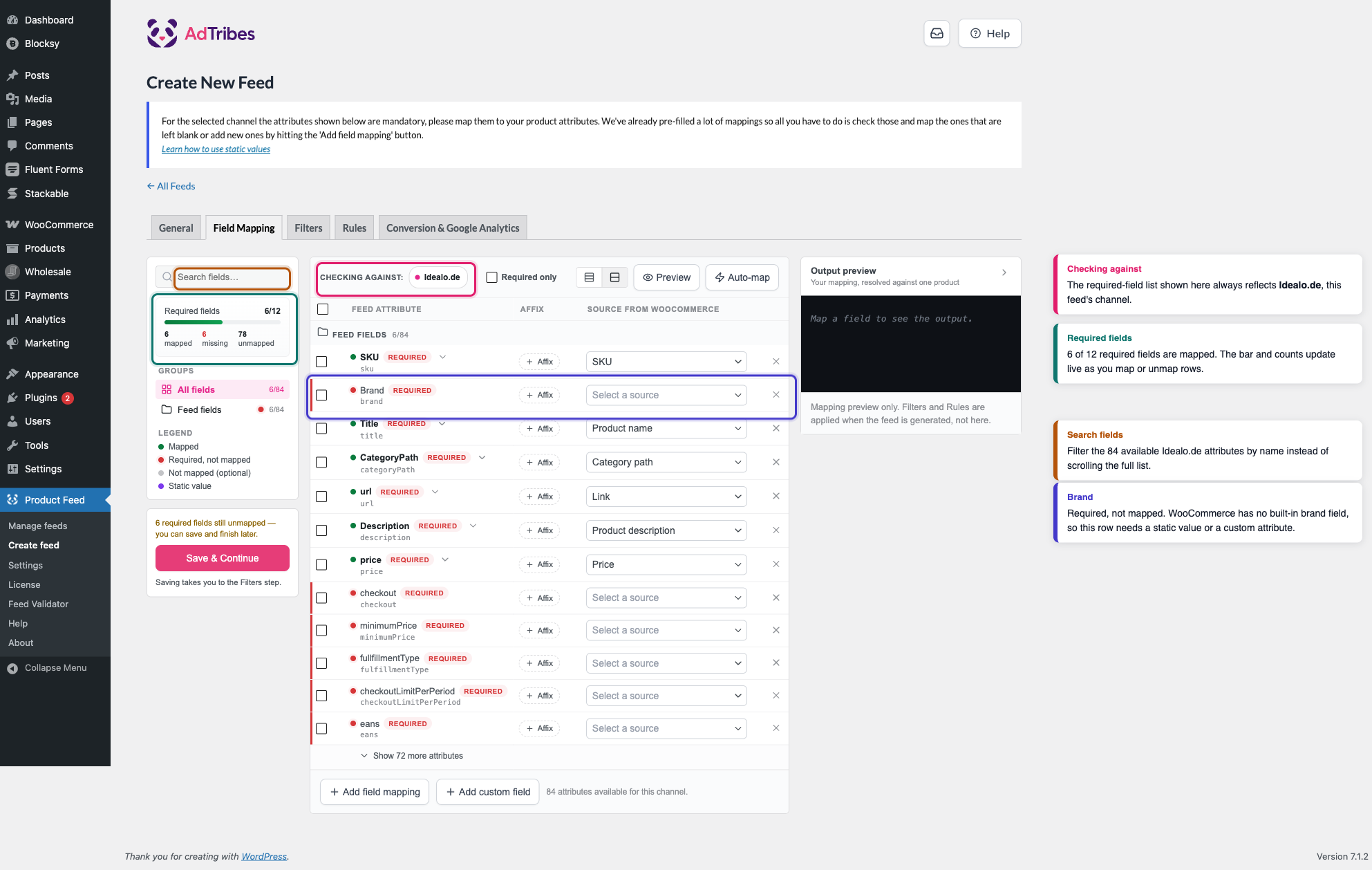 idealo-product-feed-setup-02-idealo-field-mapping - AdTribes The Field Mapping tab for an Idealo.de feed, showing the Checking against badge, Required fields progress, Search fields box, and the Feed attribute, Affix, and Source from WooCommerce columns, with the Brand row highlighted as required but not yet mapped