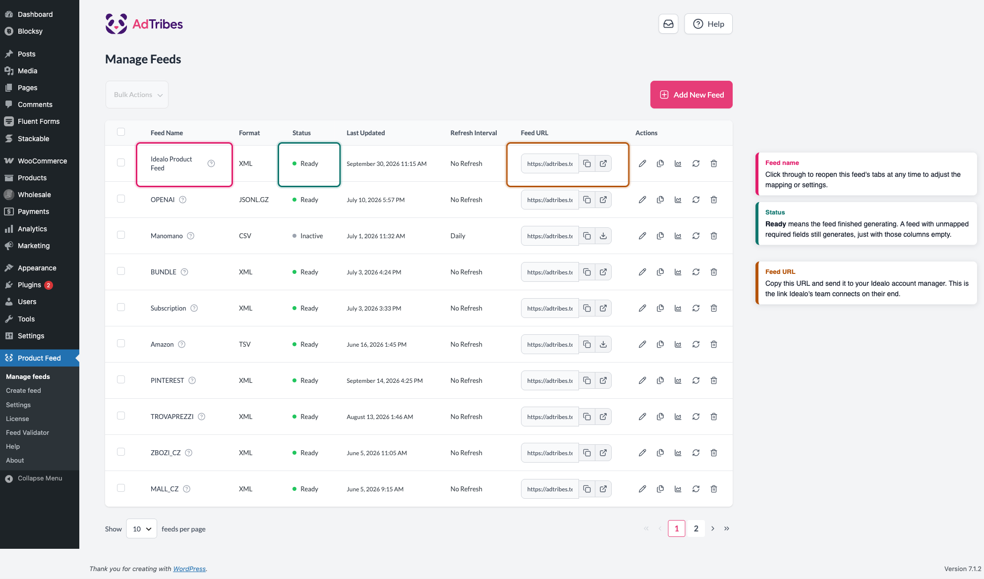 idealo-product-feed-setup-03-idealo-manage-feeds - AdTribes The Manage Feeds overview showing the generated Idealo feed with a Ready status and its feed URL