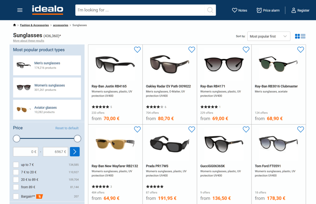 A display of sunglasses on the comparison shopping engine idealo