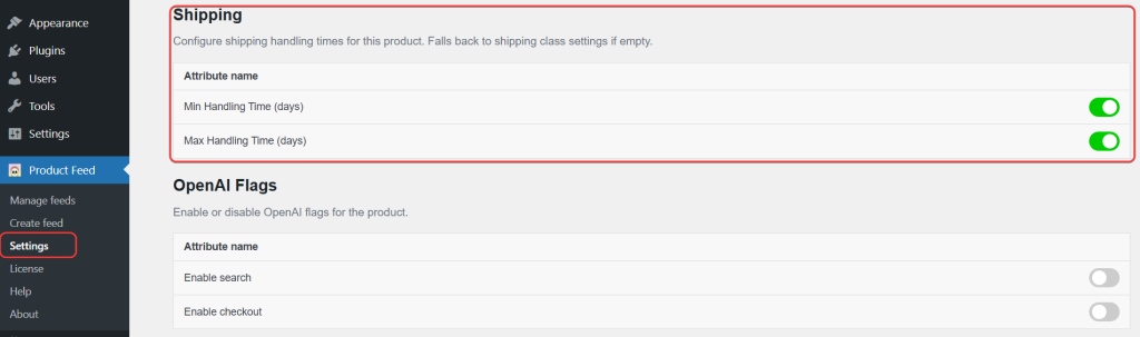 Min/Max Handling Time Options in Product Feed Settings - AdTribes