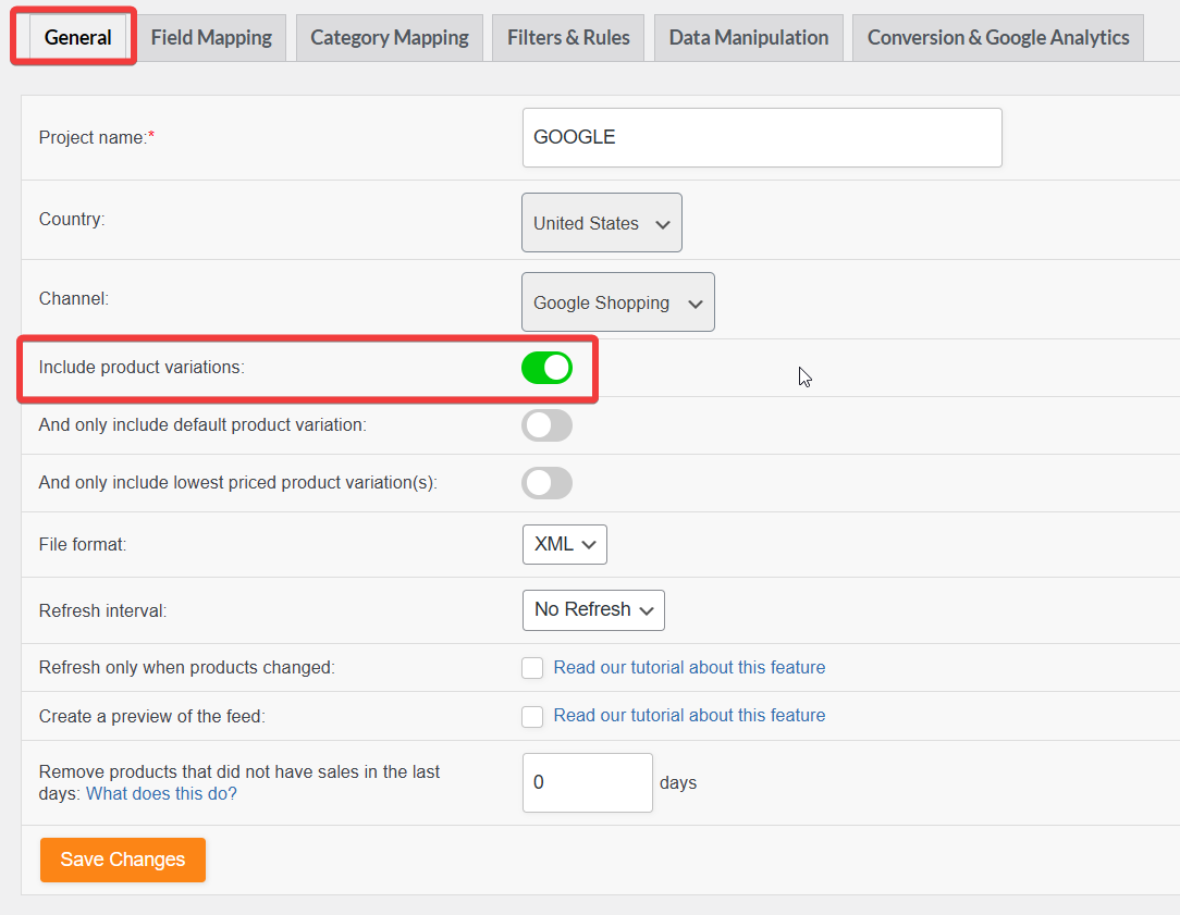The Include product variations checkbox in the General tab