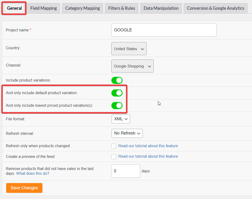 Both variation options enabled in the General tab