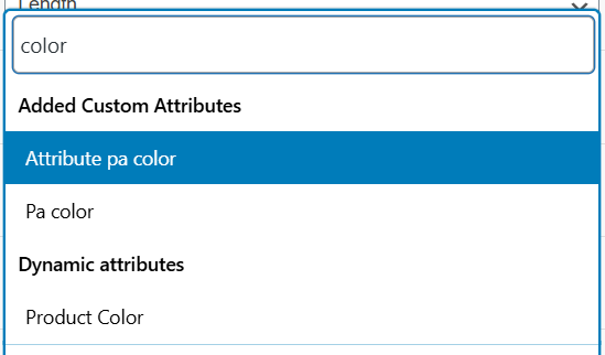 Attribute List When Show Only Basis Setting is Disabled - AdTribes Attribute search with option disabled, shows Added Custom Attributes and Dynamic attributes when searching for.