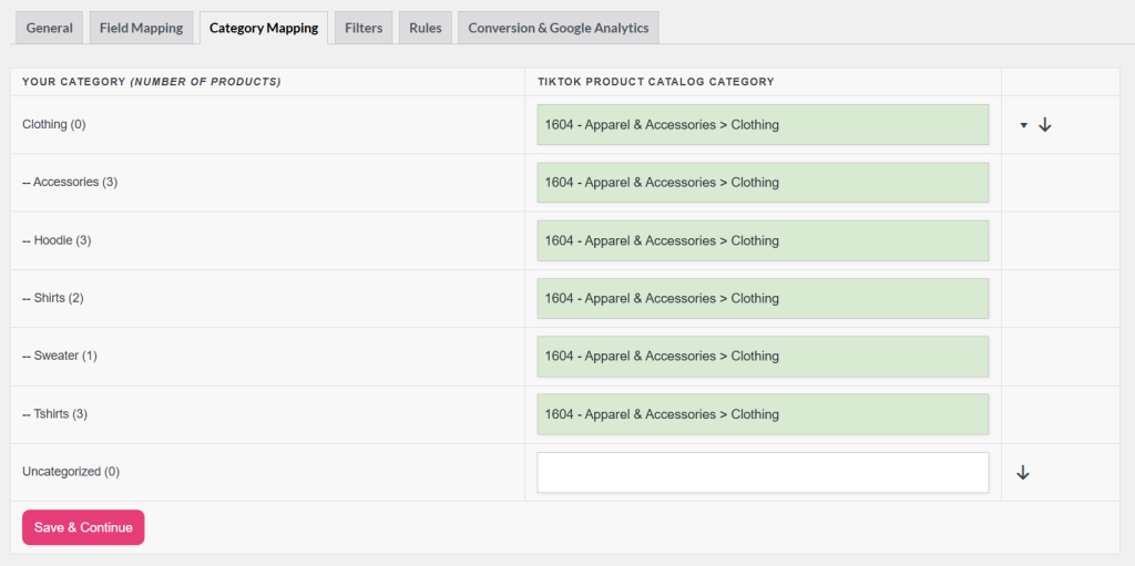 Category mapping tab for Google taxonomy