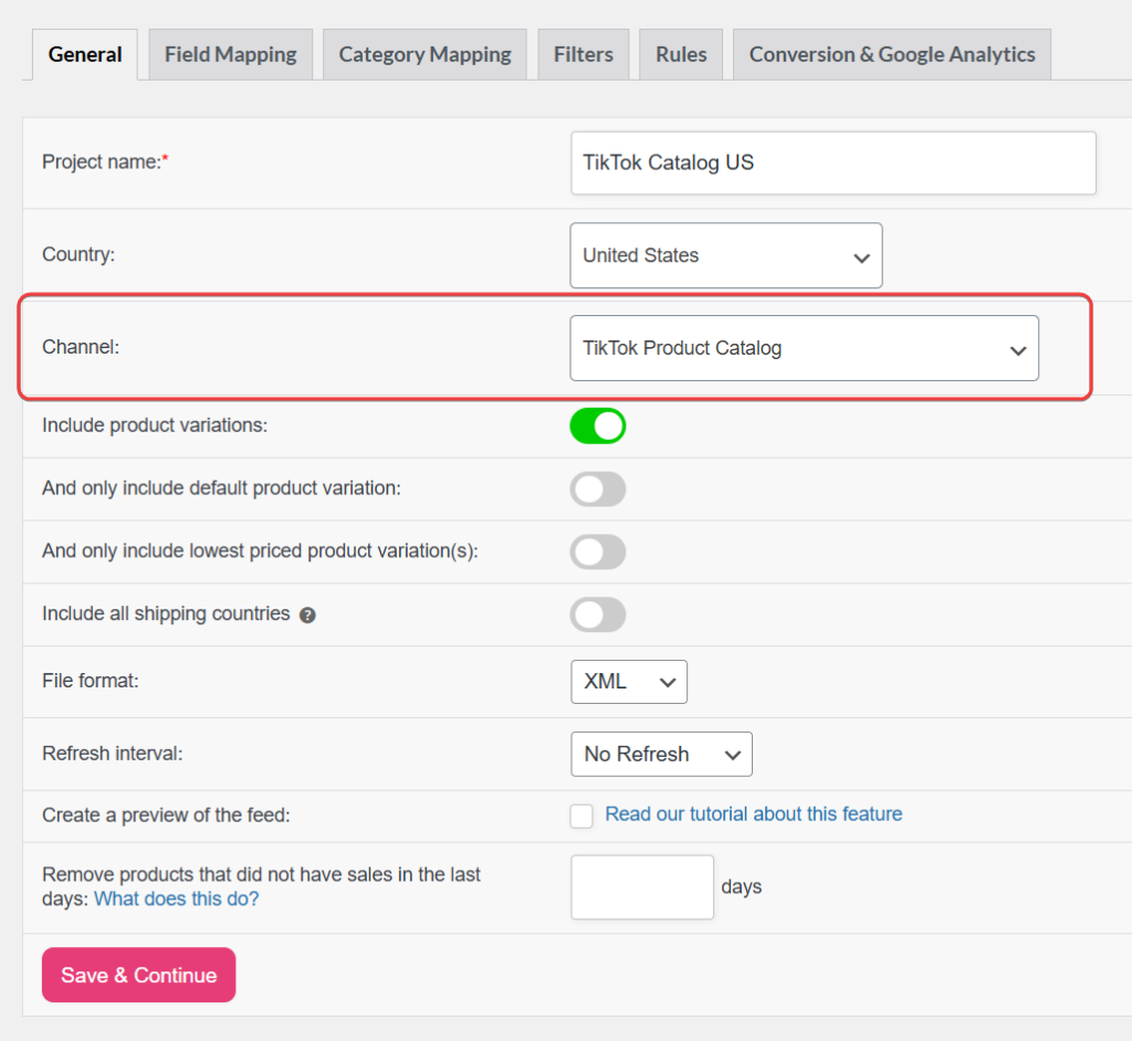 Feed wizard General tab with TikTok Product Catalog selected as the channel