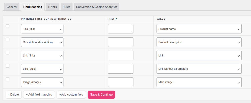 Pinterest RSS Board Feed Field Mapping