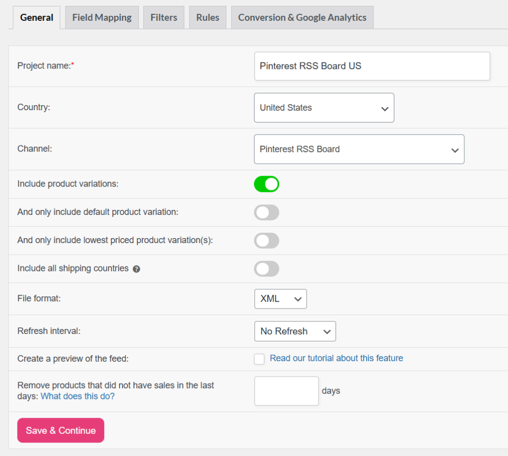 Pinterest RSS Board feed general settings name and file format