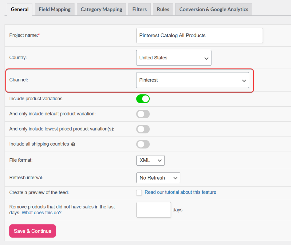 The Channel step in the feed setup wizard showing the Pinterest catalog template selected from the search results