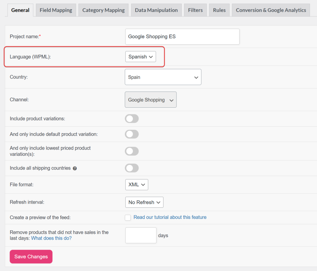 Edit feed → General step showing the Language (WPML) dropdown above the Country field