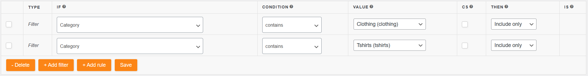 Two include_only category filters configured on the same feed
