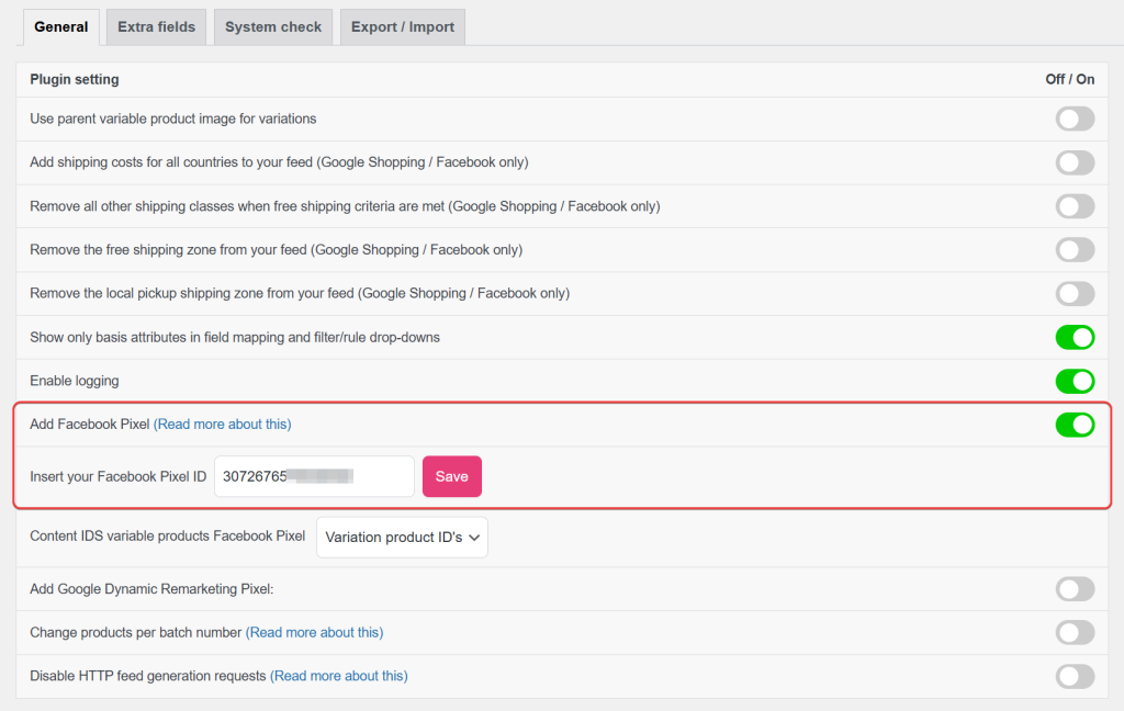 Product Feed Settings General tab with Add Facebook Pixel enabled and Pixel ID entered