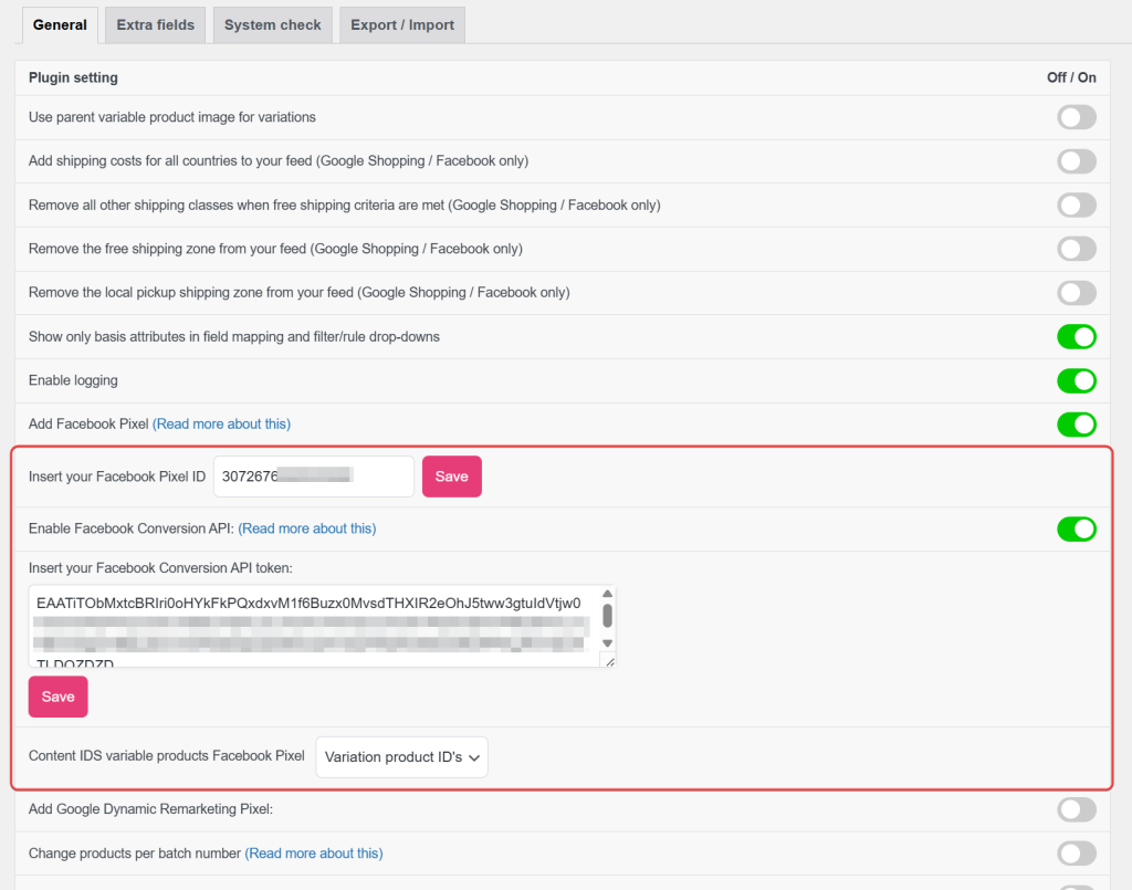Product Feed Settings showing the Facebook Conversion API token field