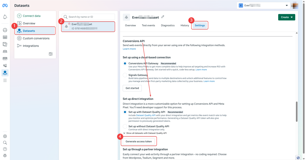 Meta Events Manager Settings tab showing the Generate access token button in the Conversions API section