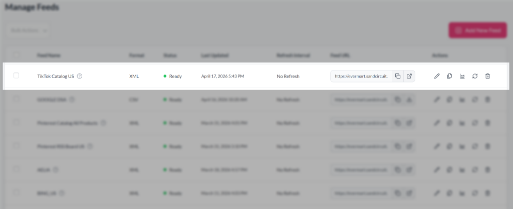 Feed details page showing the generated feed URL