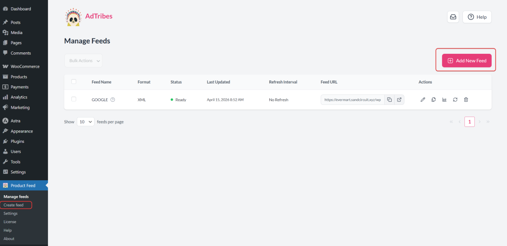 WordPress admin showing Product Feed menu and Add New Feed button