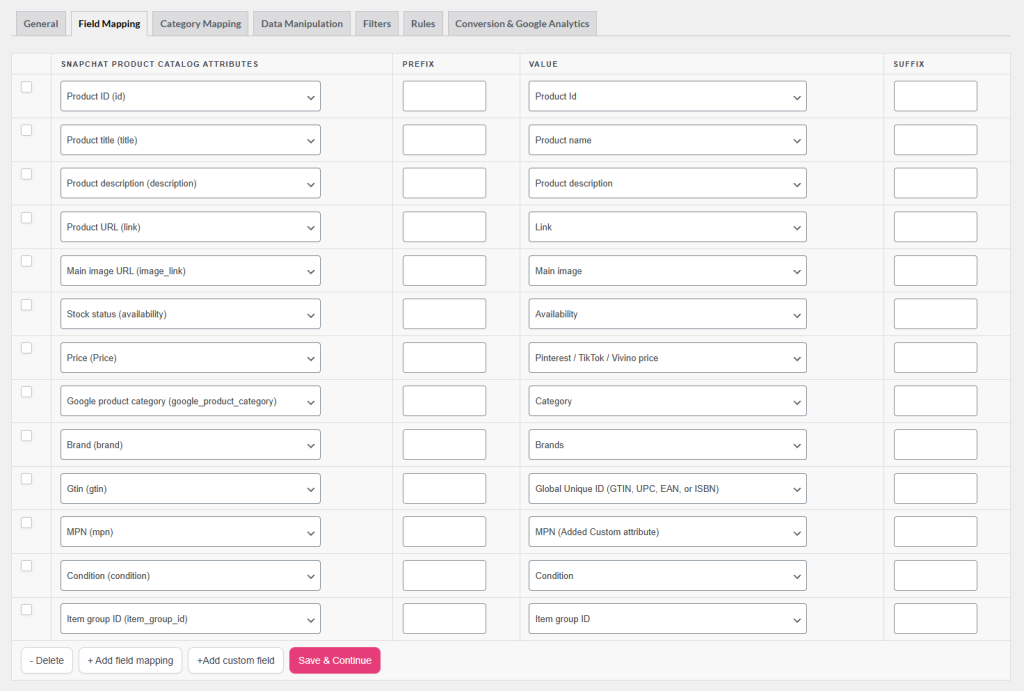 Field mapping step showing required Snapchat attributes and mappings