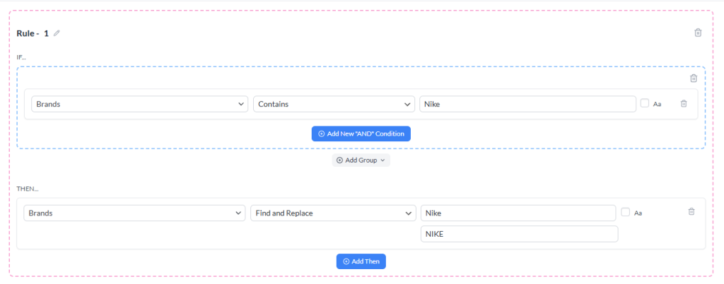 Règle de recherche et remplacement configurée pour standardiser les variantes du nom de marque Nike dans le champ du nom du produit
