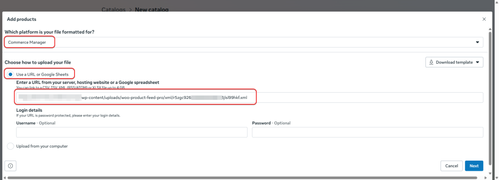 Champ d'insertion de l'URL du flux dans Meta Commerce Manager