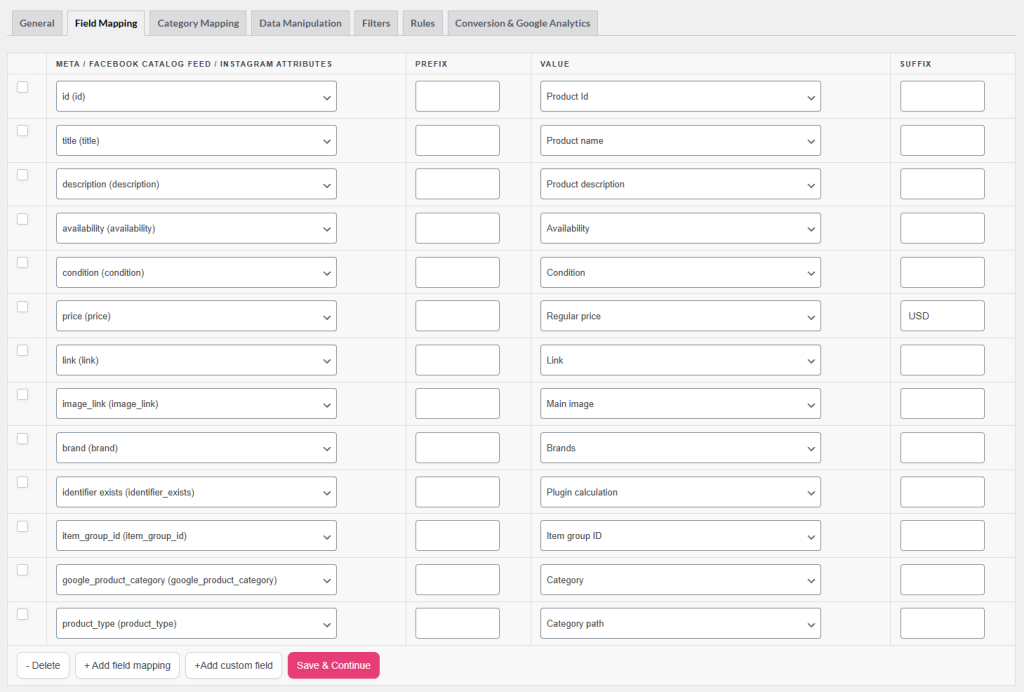 Étape de mappage des champs dans Product Feed Pro montrant les champs Facebook requis mappés aux attributs WooCommerce