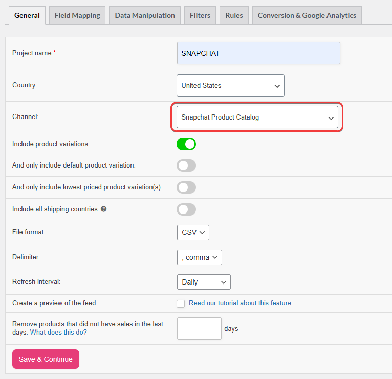 Channel dropdown filtered to show the Snapchat Product Catalog option selected