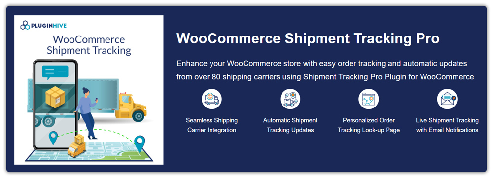 Bannière pour WooCommerce Shipment Tracking Pro avec illustration d'une application de suivi mobile et d'un camion sur une carte, à gauche ; à droite, le titre et quatre icônes de fonctionnalités.