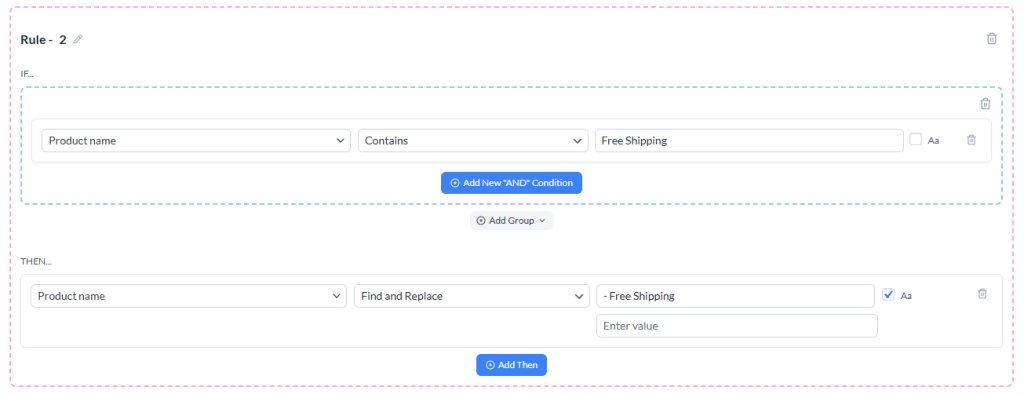 Règle de recherche et remplacement supprimant la phrase Livraison Gratuite des titres de produits, avec un champ Remplacer par vide