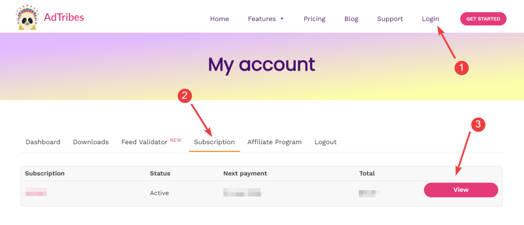My Account > Subscription Page - AdTribes