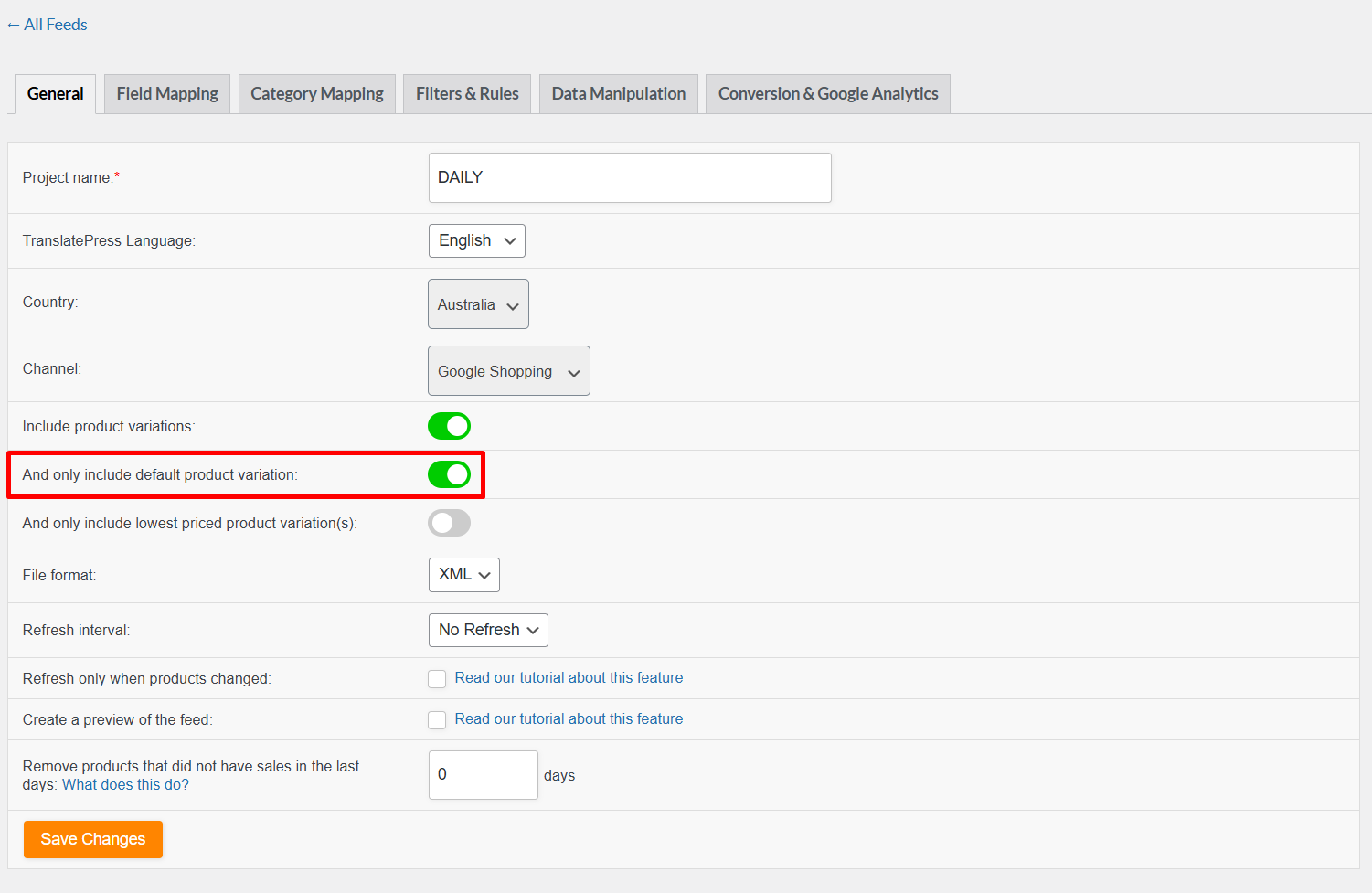 The And only include default product variation checkbox in the General tab