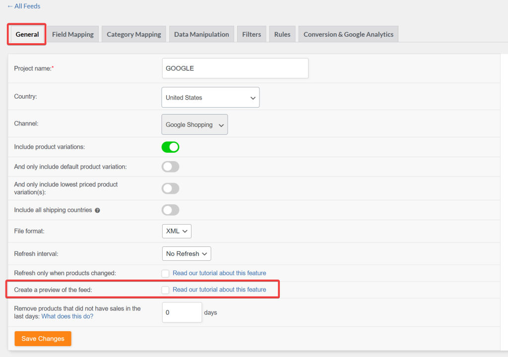 A Feed's General Settings screen - AdTribes