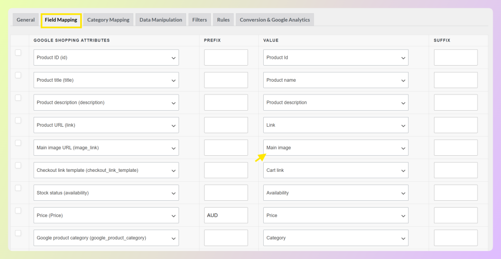 AdTribes Product Feed Pro field mapping tab showing image_link mapped to Main image