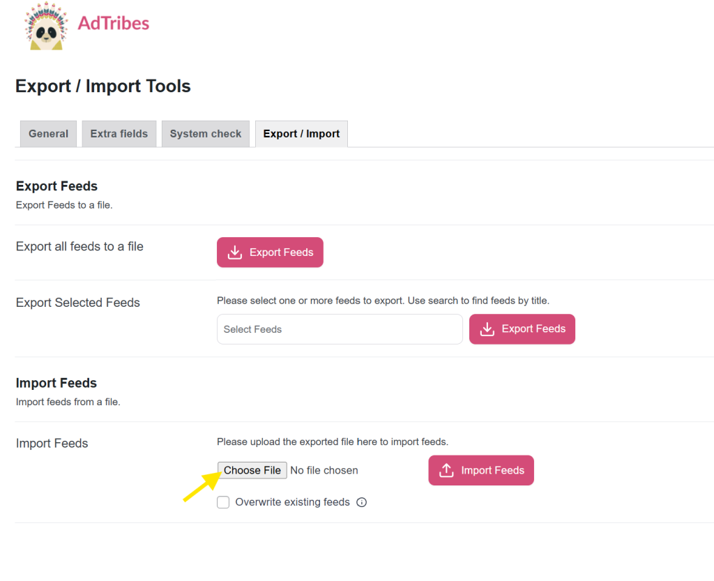 Import Feeds section in WooCommerce, with the Choose File and Import Feeds buttons visible