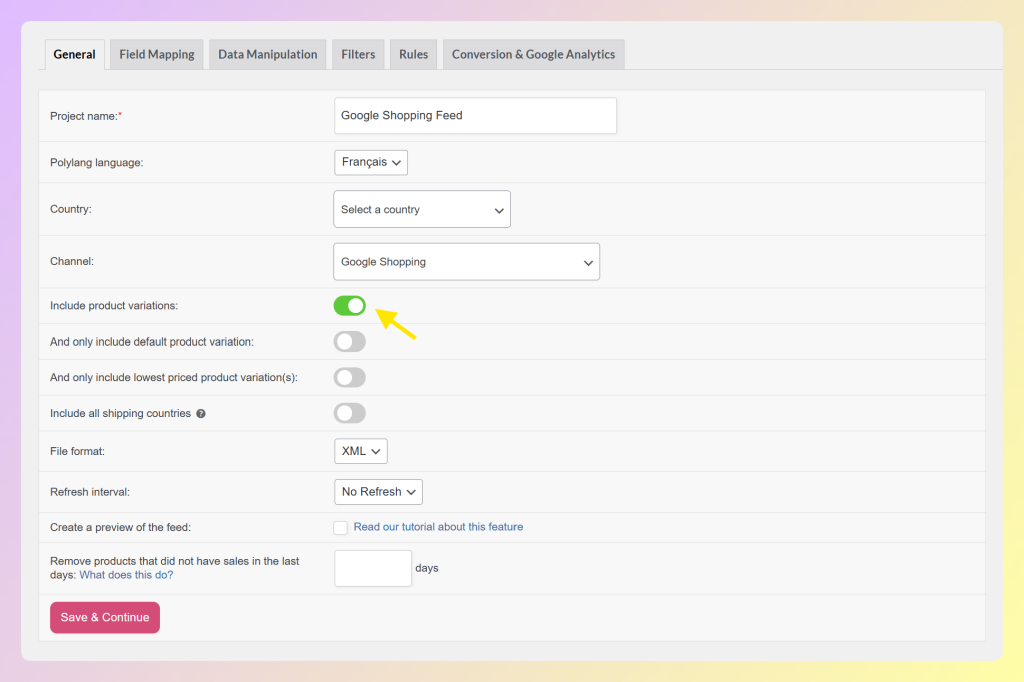 Product Feed Pro General tab showing the Include product variations toggle enabled