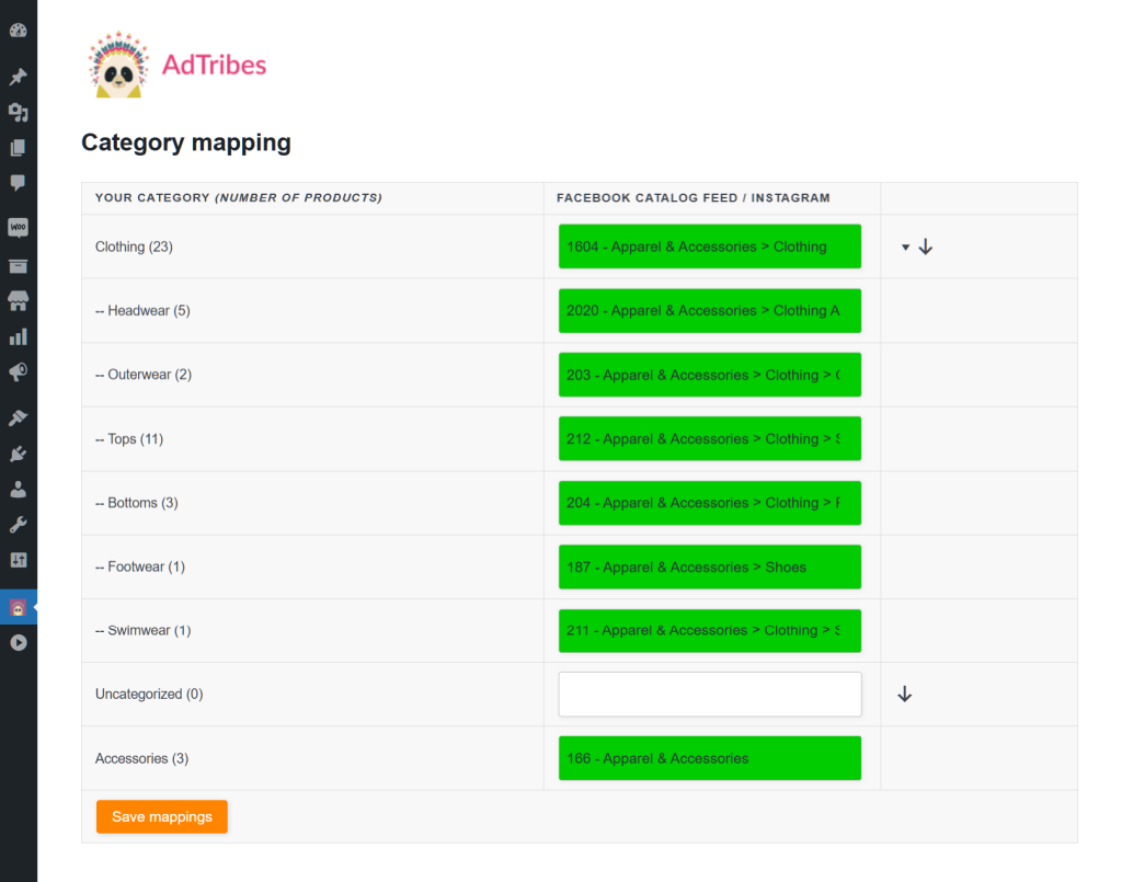 The Instagram product feed settings, specifically the category mapping settings