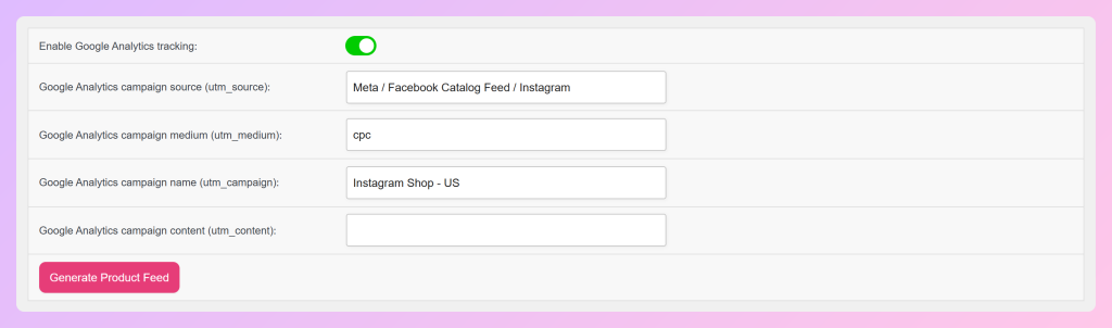 Conversie- en Google Analytics-tabblad met ingeschakelde tracking, utm_source ingesteld op Meta / Facebook Catalogusfeed / Instagram, utm_medium ingesteld op cpc, en een Productfeed Genereren-knop