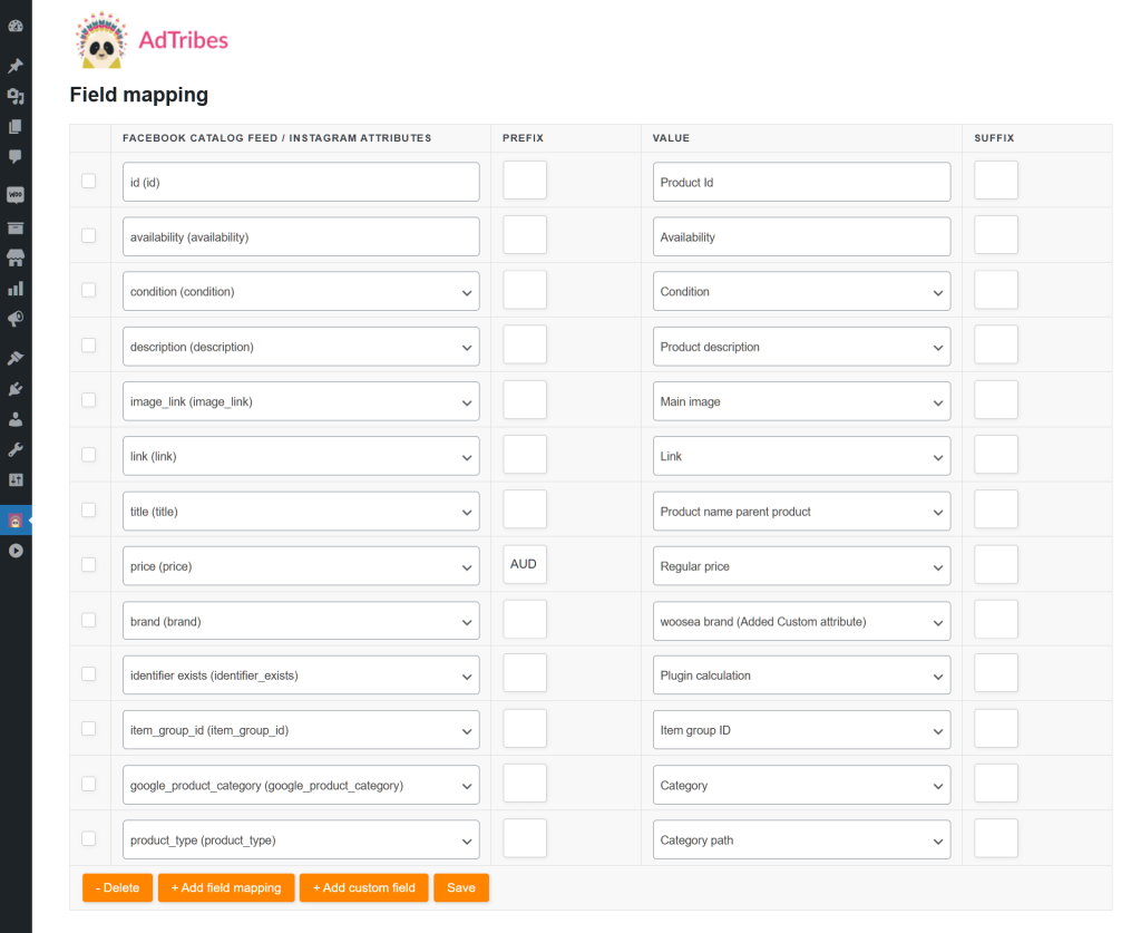 The Instagram product feed settings, specifically the field mapping settings, showing many fields consisting of attributes and WooCommerce values