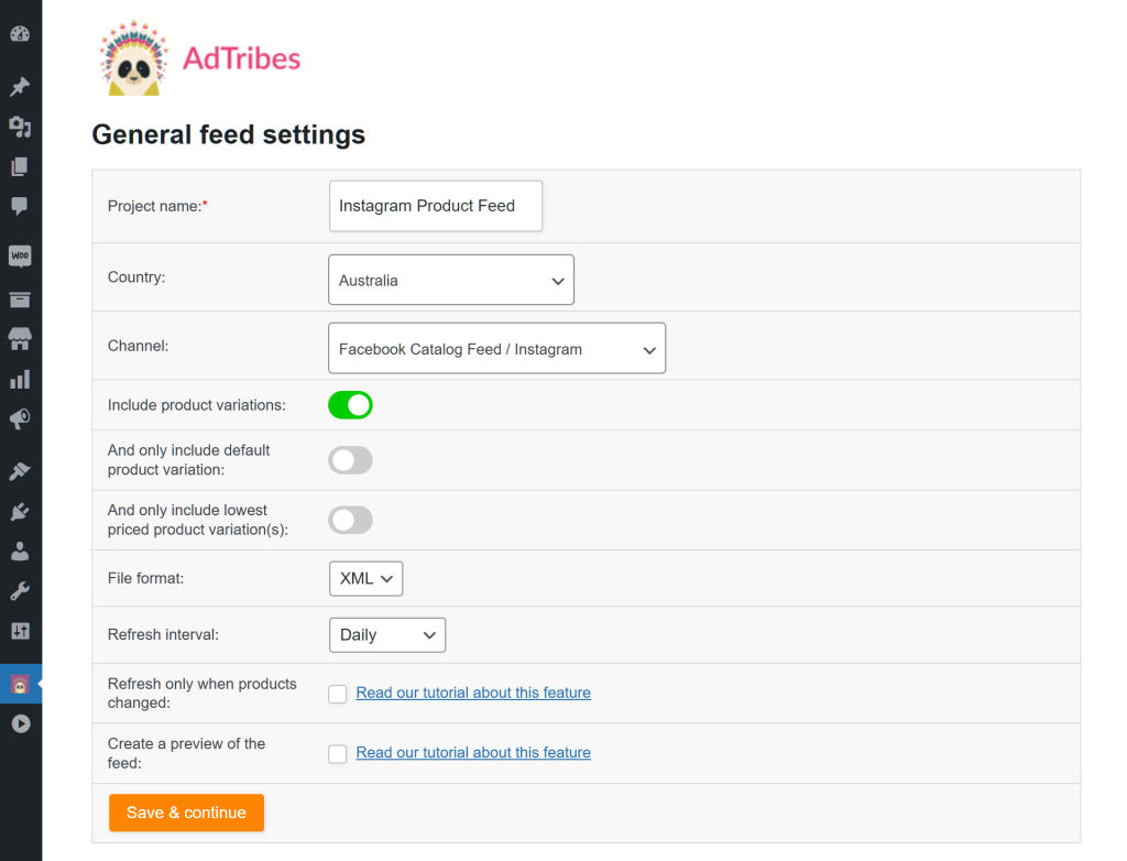 The first page of the Instagram product feed settings, showing various product feed creation options enabling users to name their feed, select the target country and channel, and choose the file format