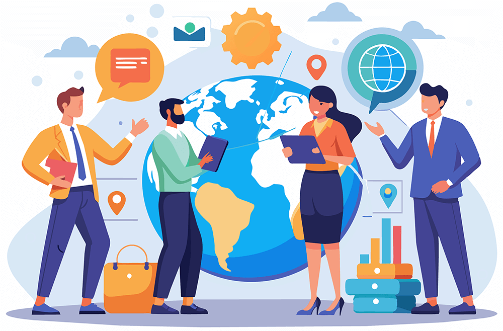 Three men and a women doing business internationally, as represented by a globe and symbols pertaining to e-commerce business