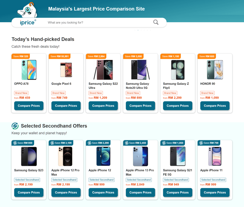 A display of smartphones on comparison shopping engine iPrice