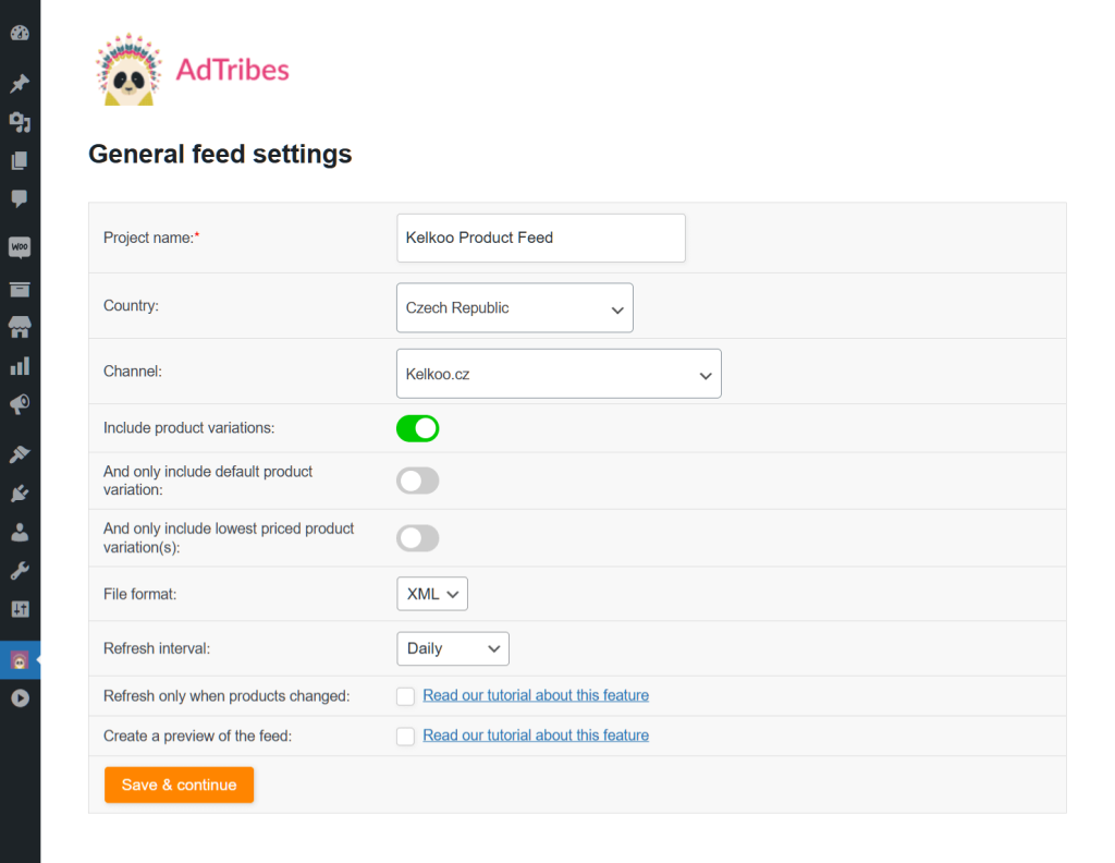 The first page of the Kelkoo Czech Republic product feed settings, showing various product feed creation options enabling users to name their feed, select the target country and channel, and choose the file format