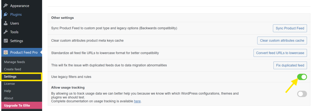 WordPress plugin settings page showing a toggle labeled "Use legacy filters and rules" under Product Feed Pro settings in WooCommerce